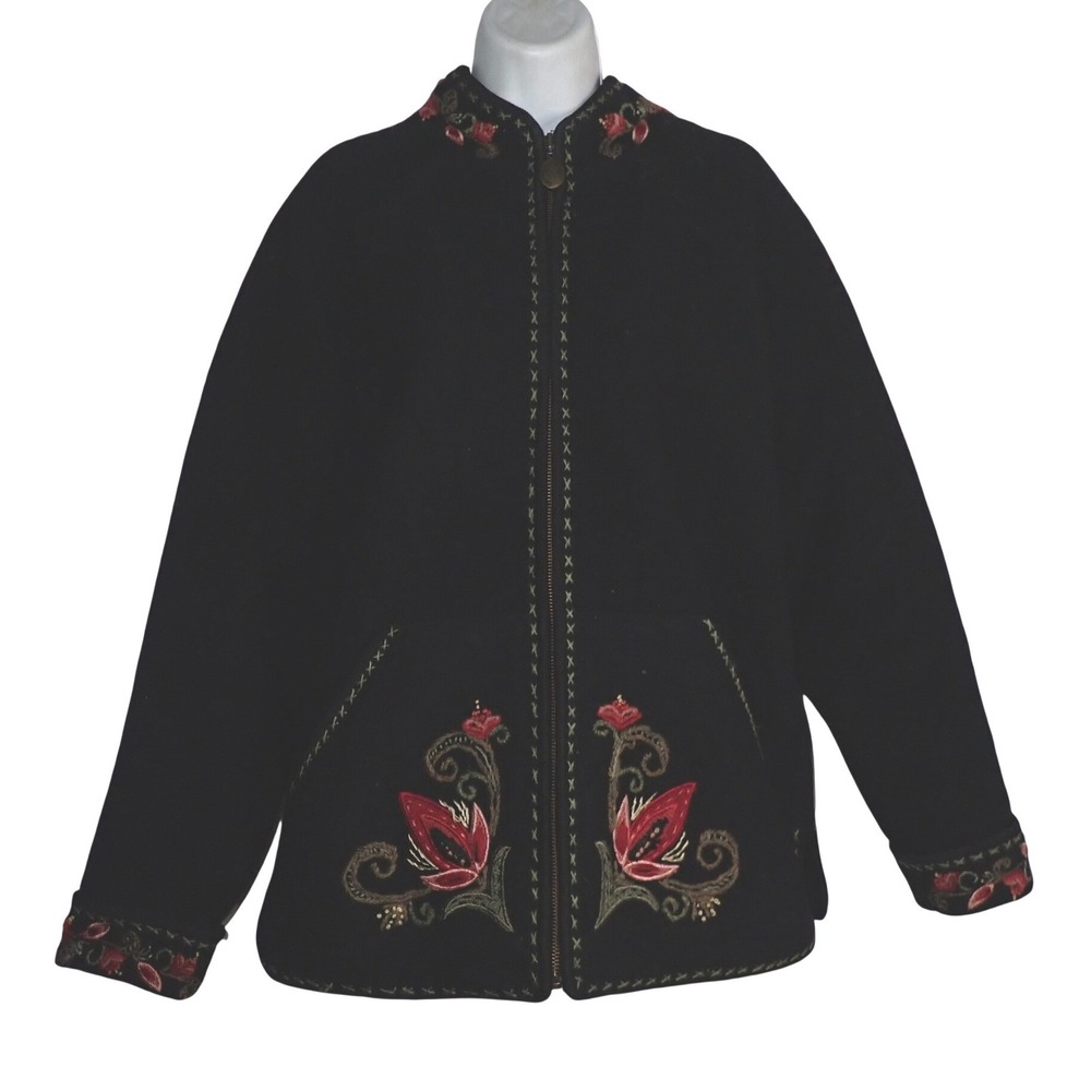 Icelandic Design Women's Embroidered Boiled Wool Zip Up Jacket Black XL Floral
